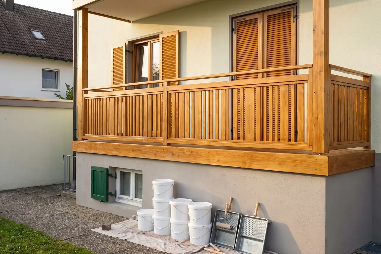 Holzbalkon und Fensterläden eines hellen Hauses, frisch honigbraun lasiert, Farbeimer am Sockel