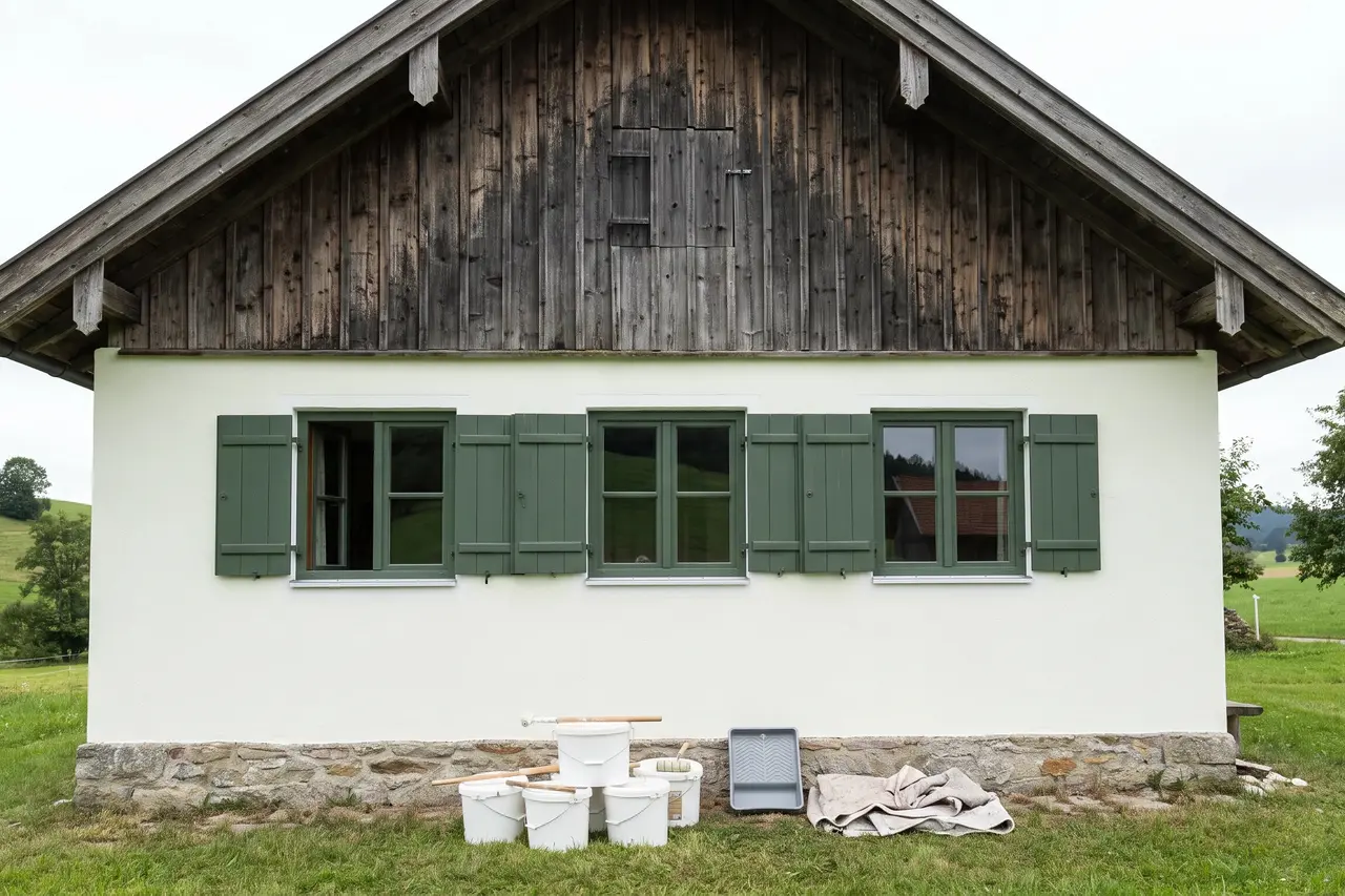 Bauernhaus mit hell gestrichenem Erdgeschoss, grünen Fensterläden und Holzgiebel vor Wiesen
