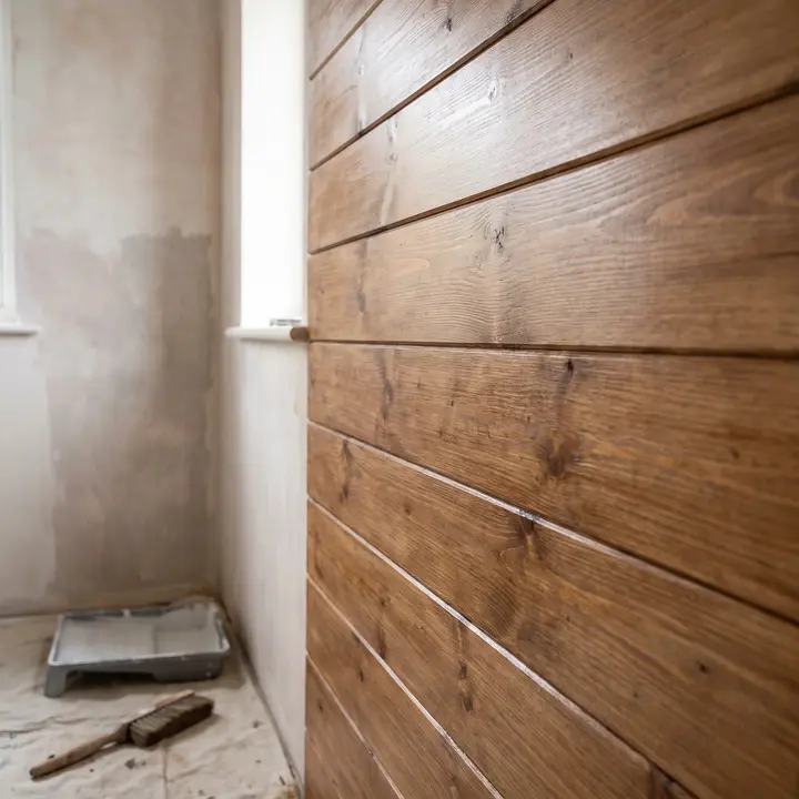 Holzbretter mit frischer brauner Lasur, die Maserung scheint durch
