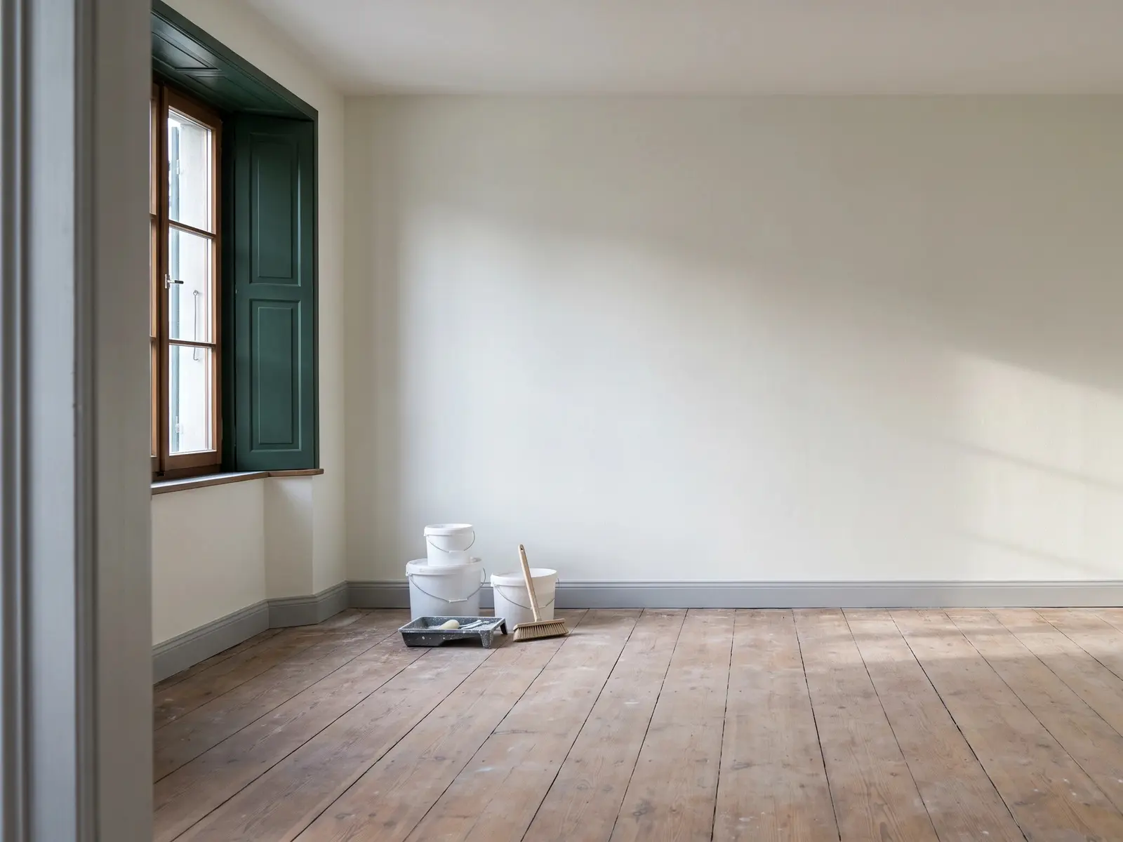 Dasselbe Zimmer mit glatter, weiß gestrichener Wand, Fenster mit grünem Laden, Dielenboden, Farbeimer