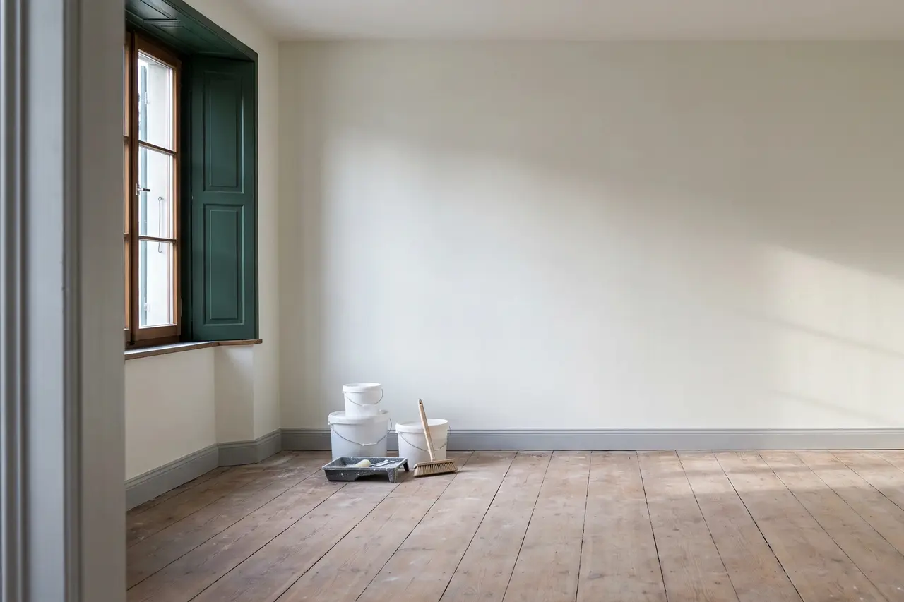 Dasselbe Zimmer mit glatter, weiß gestrichener Wand, Fenster mit grünem Laden, Dielenboden, Farbeimer