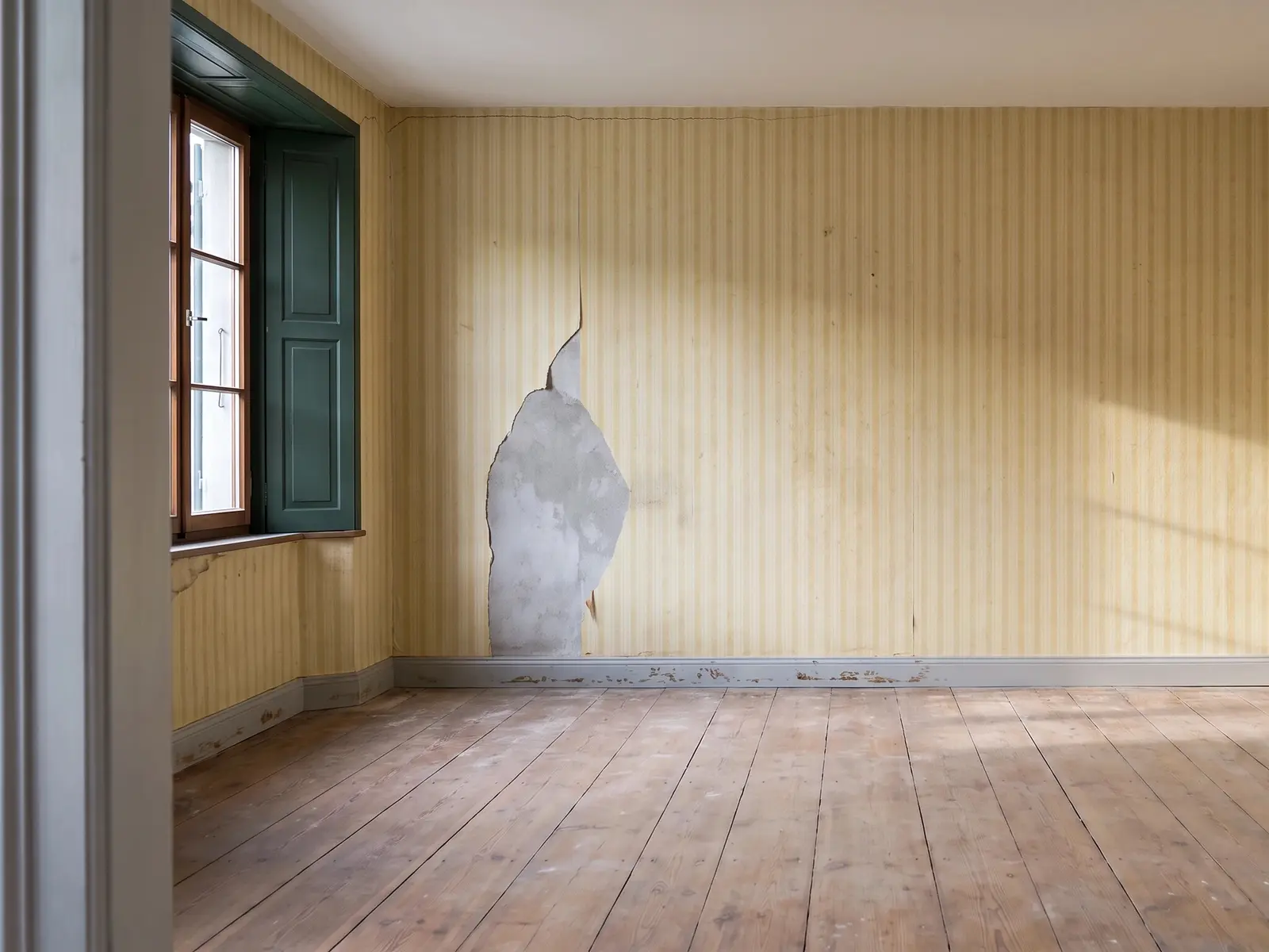 Leeres Altbauzimmer mit vergilbter Streifentapete, an einer Stelle abgerissen, Fenster mit grünem Laden