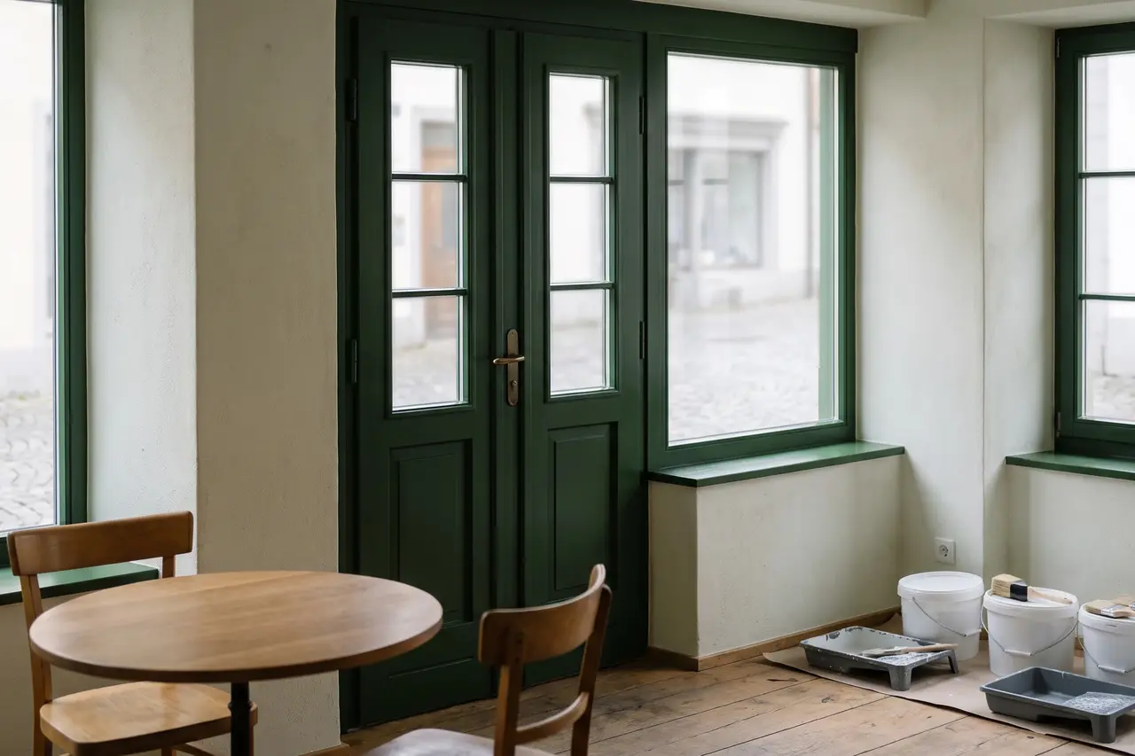 Derselbe Café-Eingang mit dunkelgrün lackierter Tür und Fensterrahmen, runder Tisch, Farbeimer