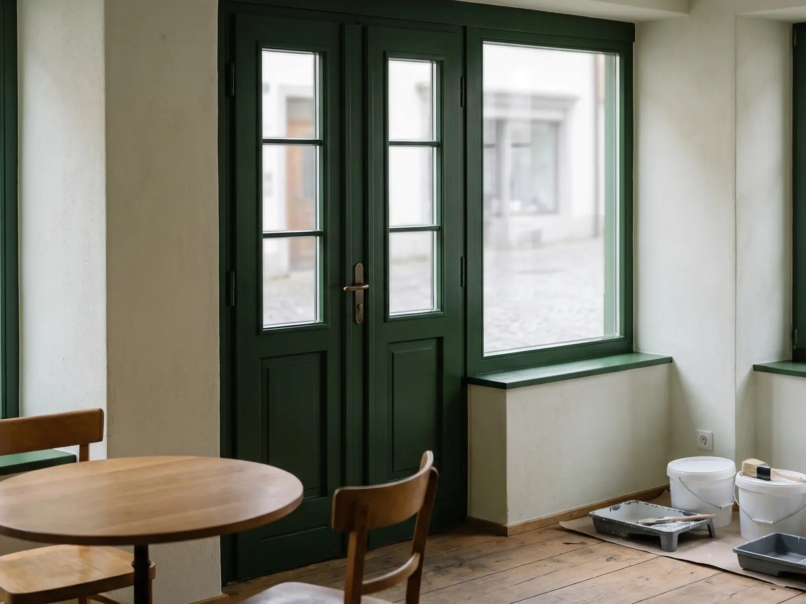 Derselbe Café-Eingang mit dunkelgrün lackierter Tür und Fensterrahmen, runder Tisch, Farbeimer