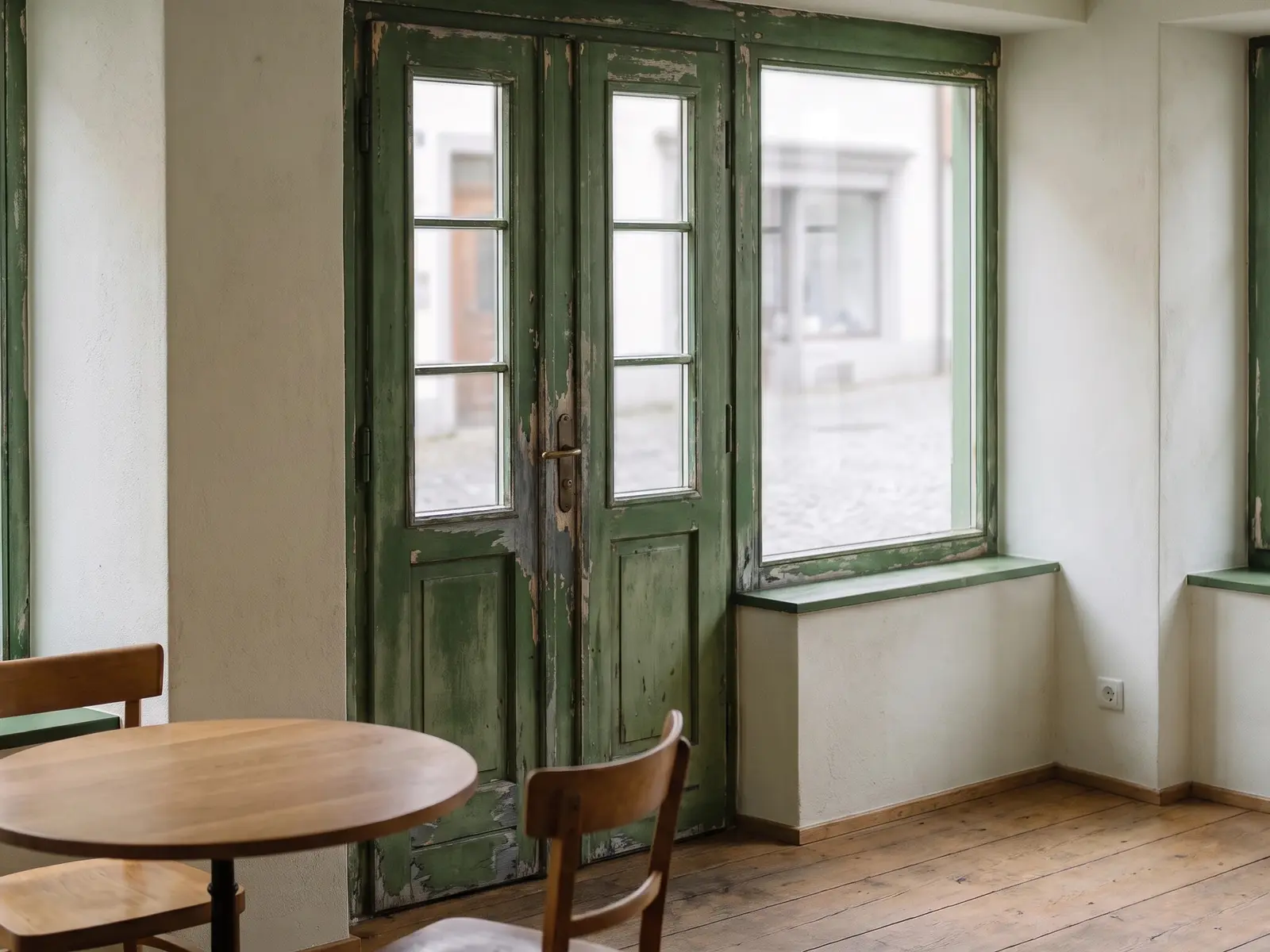 Café-Eingang mit abgegriffenem, blassgrünem Lack an Tür und Fensterrahmen, runder Tisch mit zwei Stühlen