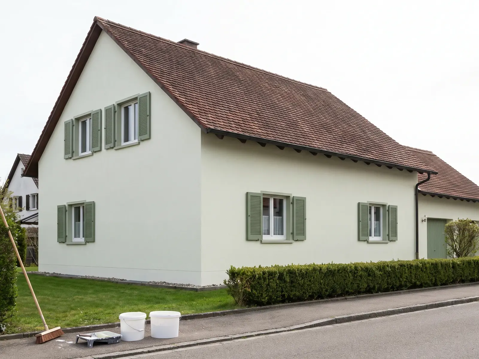 Dasselbe Wohnhaus frisch hell gestrichen, ohne Risse, grüne Fensterläden, Farbeimer am Gehweg