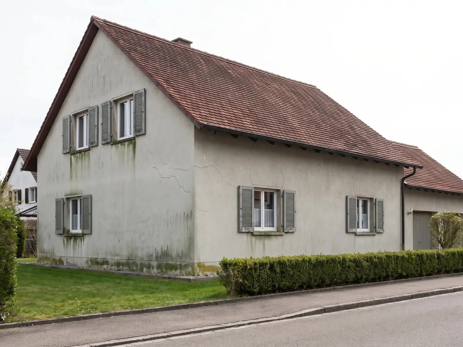 Wohnhaus mit grauer Fassade, Rissen und Algenstreifen unter den Fenstern, verblasste Fensterläden