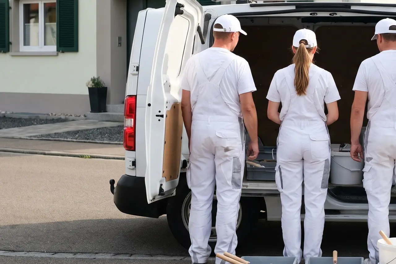 Drei Maler in Weiß von hinten am offenen Heck eines weißen Transporters, eine Frau mit Pferdeschwanz